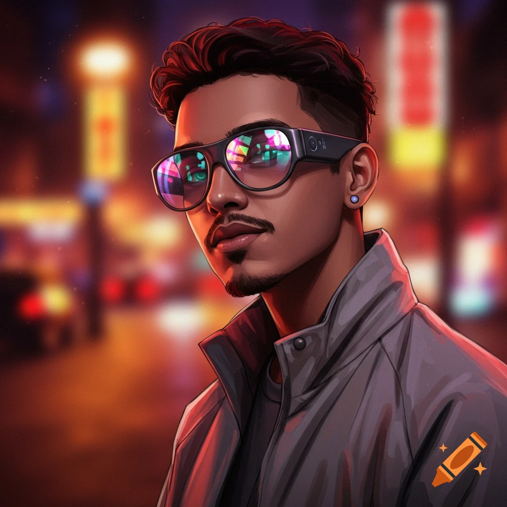 Stylized digital portrait of a man with a mustache and smart glasses, reflecting city lights, against a blurred urban night.