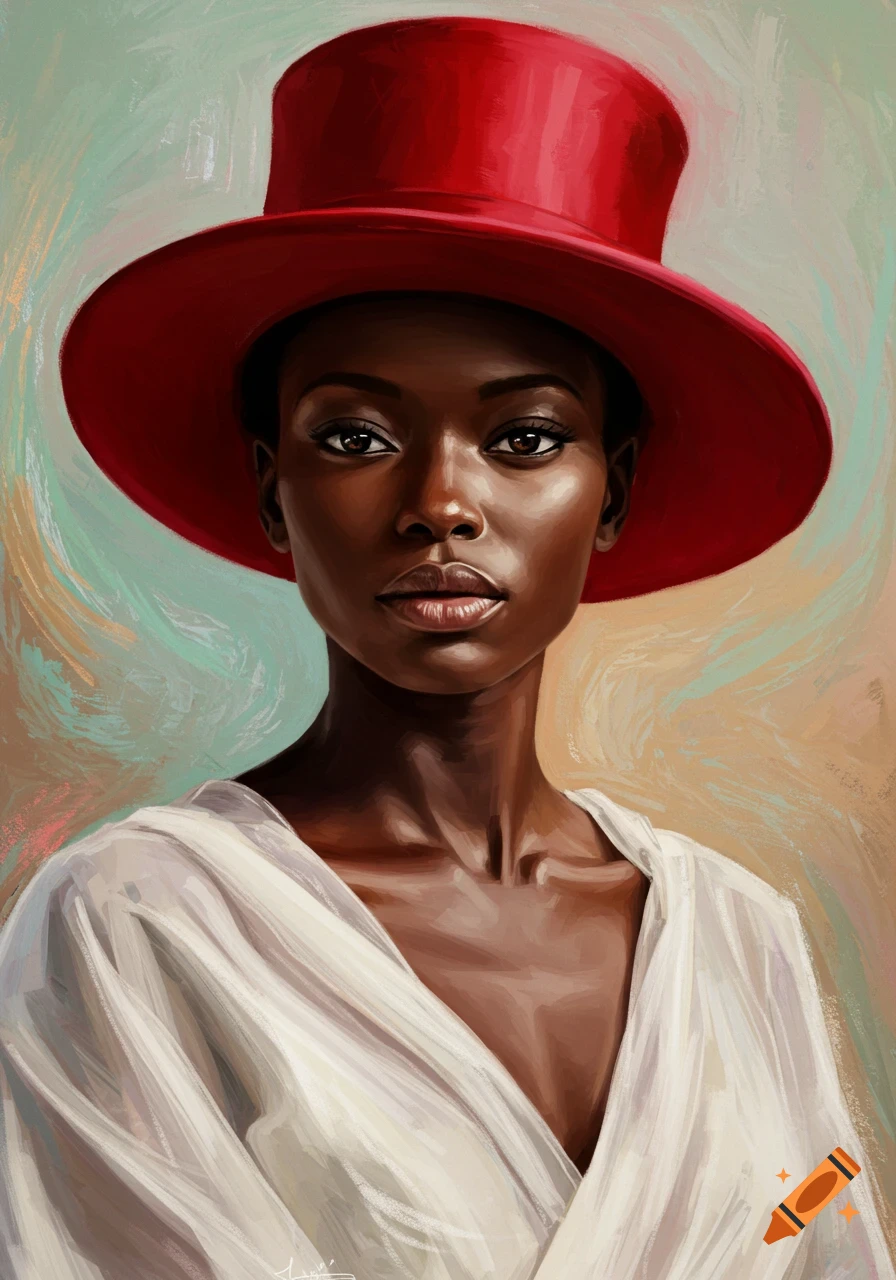 A photorealistic painting of a Black woman in a vibrant red top hat and flowing white dress, against an abstract background.
