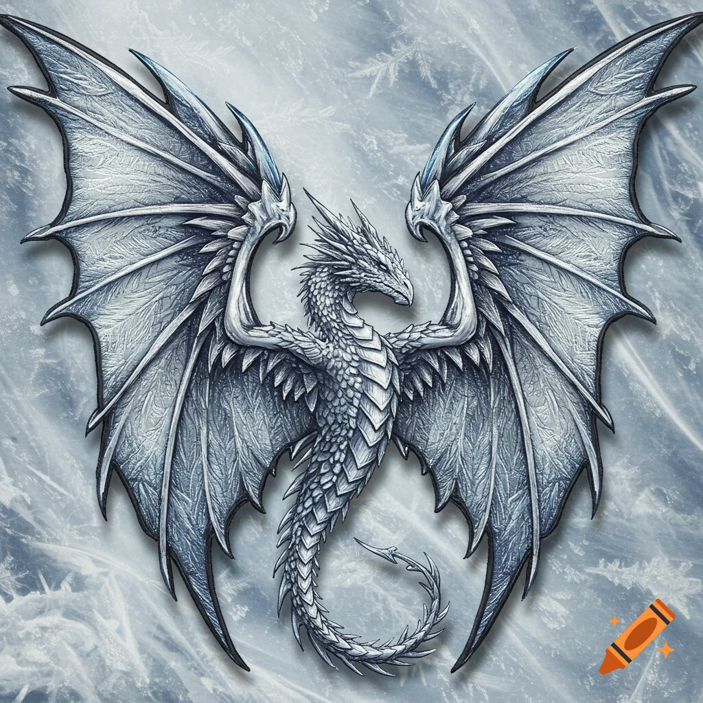 Stylized illustration of a majestic white and silver ice dragon with outstretched wings against a frosty background.