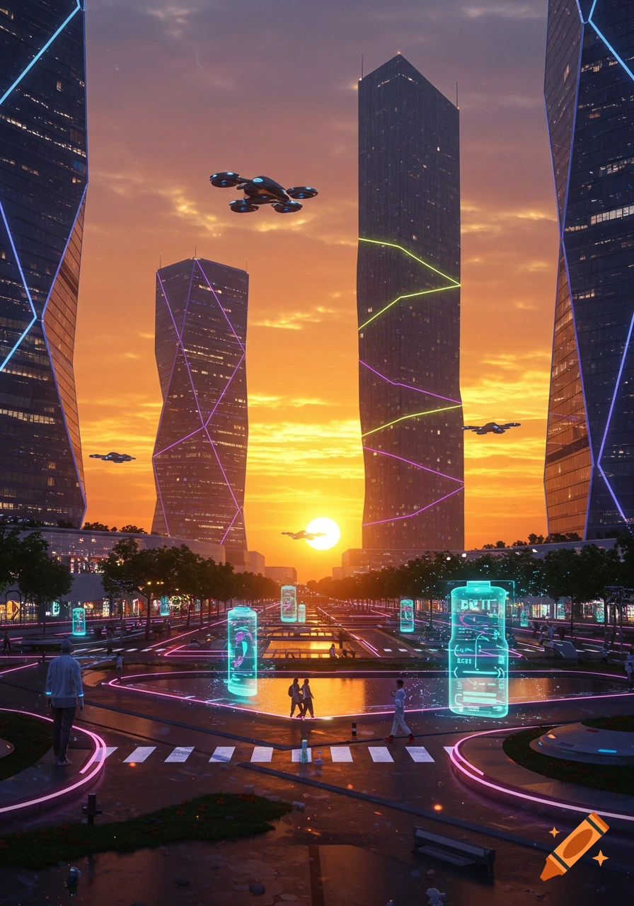 Futuristic cityscape at sunset with neon-lit skyscrapers, flying drones, and glowing holographic displays.