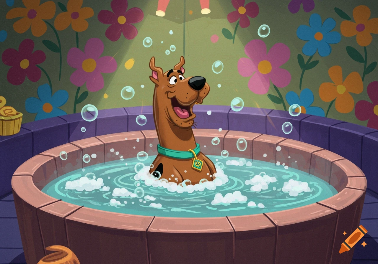 Cartoon Scooby-Doo happily sits in a bubbly hot tub with a collar and dog tag, against a background of colorful flowers.