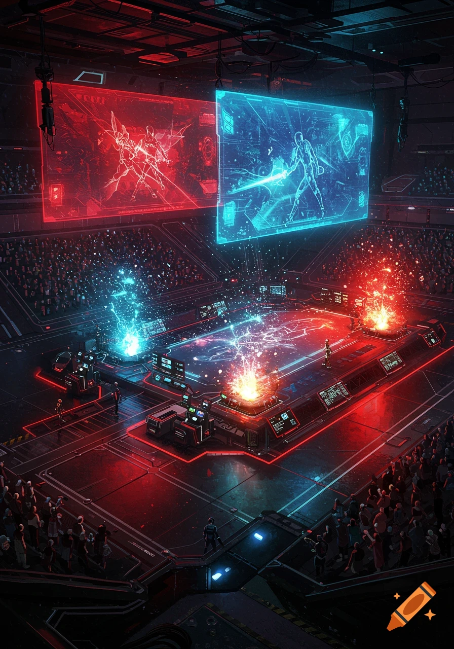 A futuristic arena with a large crowd watching a holographic esports match between red and blue teams, illuminated by neon lights.