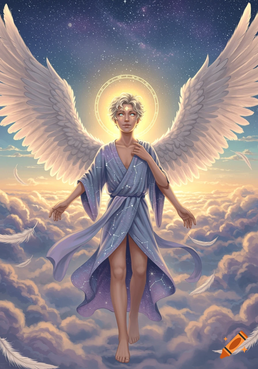 Ethereal angelic figure with large white wings, a glowing halo, and a starry robe floats among clouds under a cosmic sky.