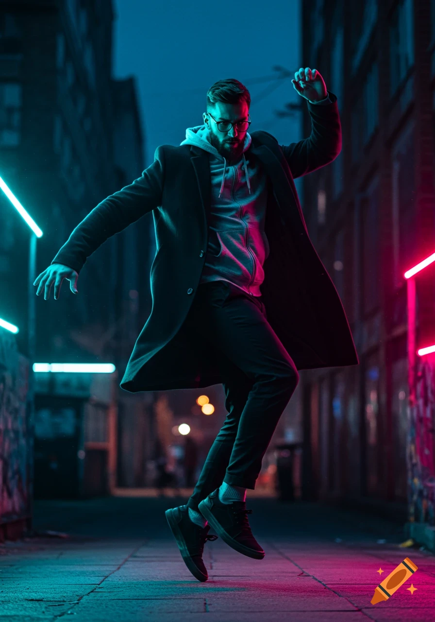 A man with a beard and glasses dances in an urban alley, illuminated by vibrant neon lights.