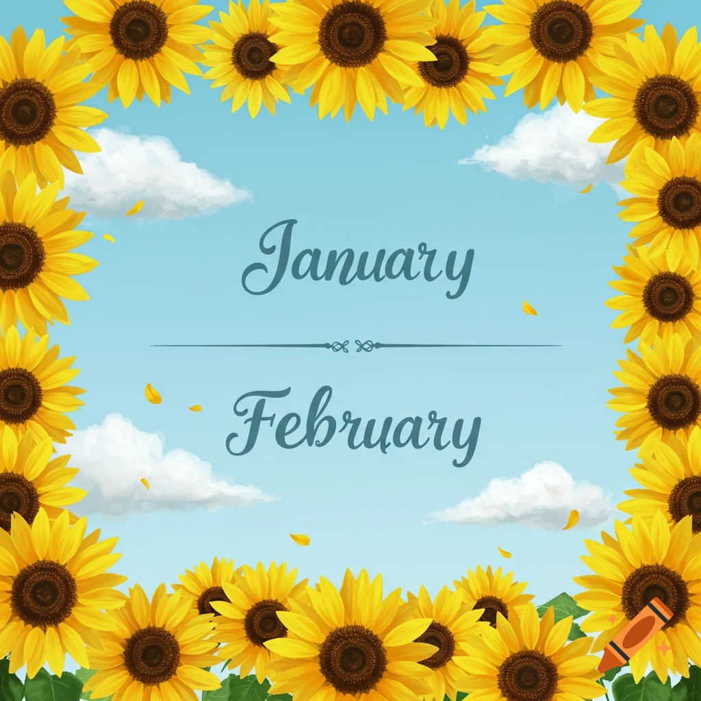 A decorative border of bright yellow sunflowers frames a light blue sky with white clouds. The words 'January' and 'February' are written in the center.