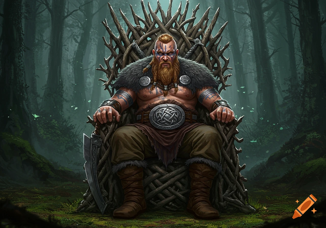 A burly Viking man with war paint, a fur cape, and a long beard sits on a throne of branches in a dark forest, holding a sword.