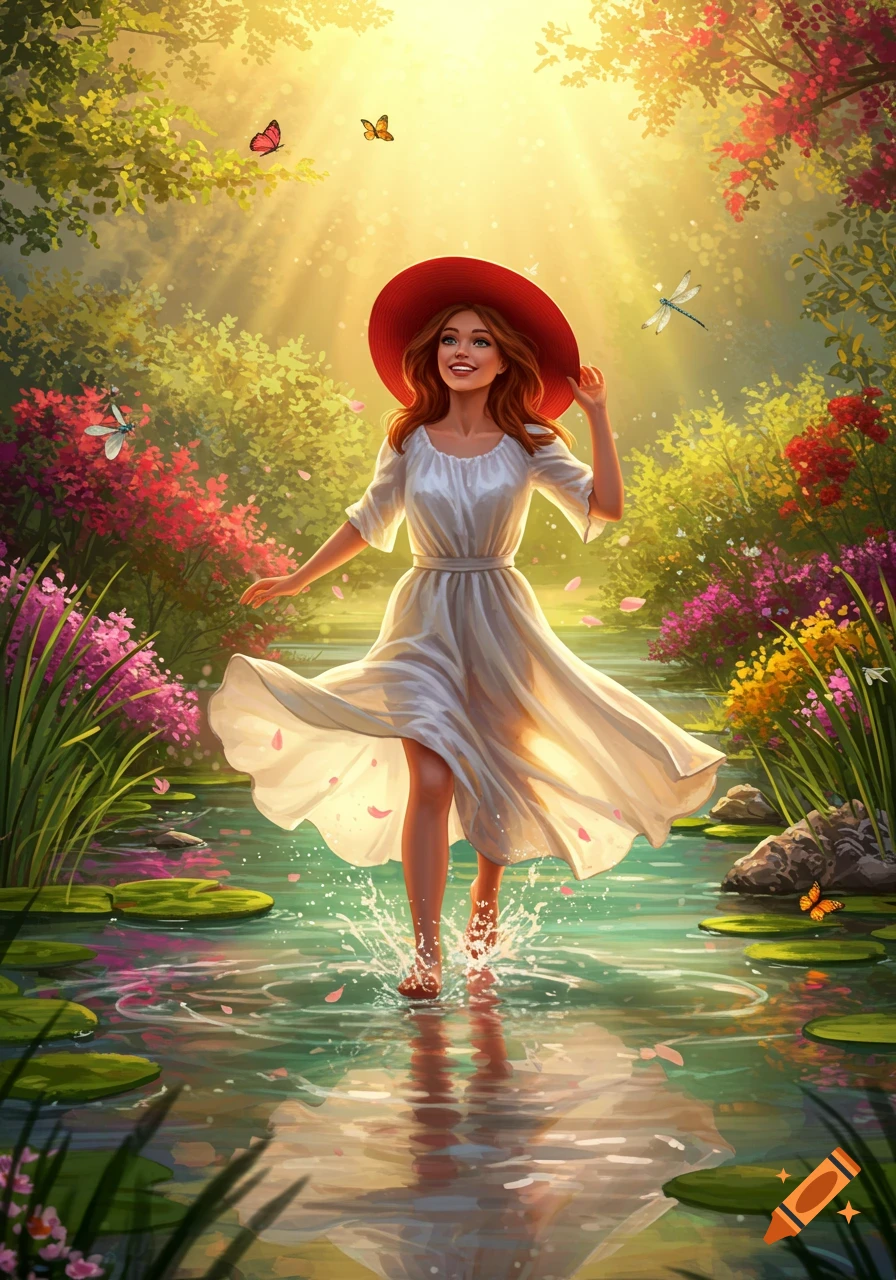 A smiling woman in a red hat and white dress runs barefoot through sunlit water in a vibrant, lush garden, splashing as she goes.