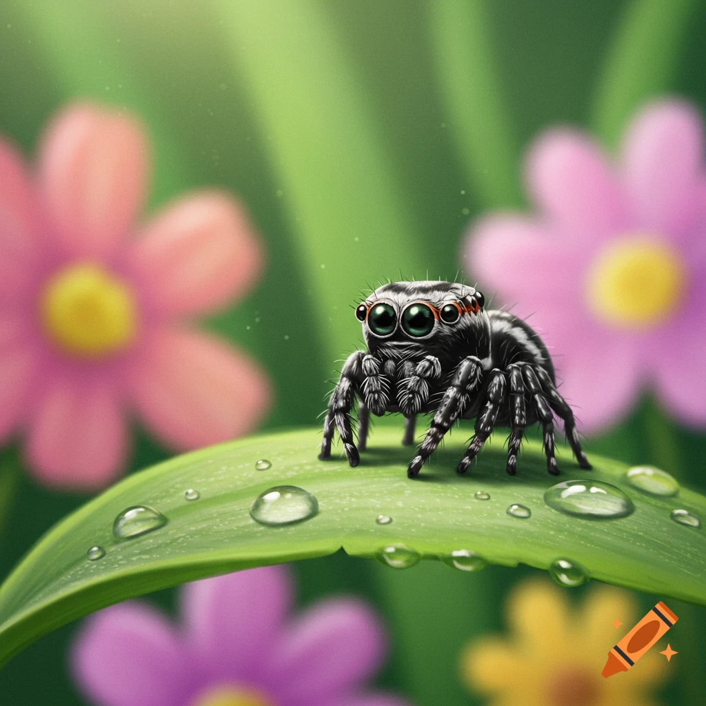 A cute black and white jumping spider with large green eyes stands on a green leaf with water droplets, surrounded by blurred pink and purple flowers in a sunny meadow.
