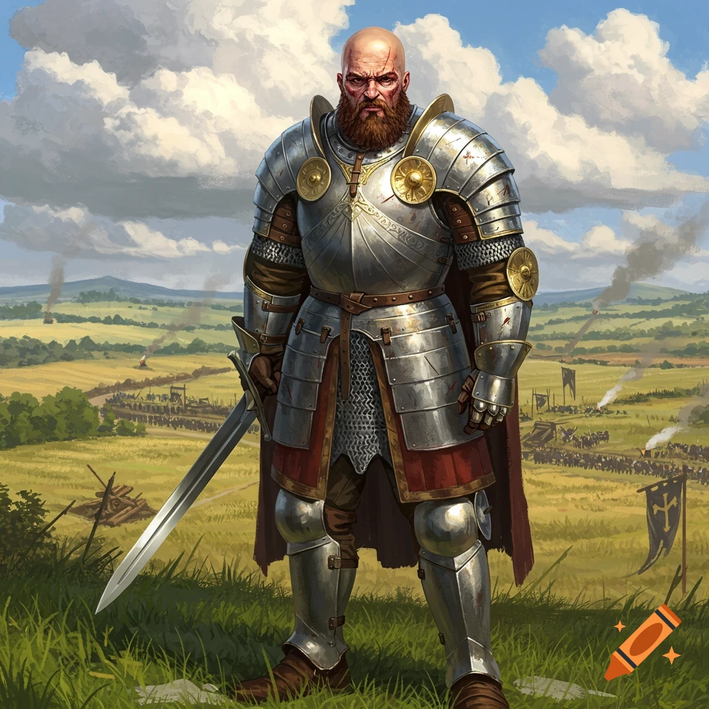 A bald, bearded warrior in shining plate armor stands on a grassy hill, sword in hand, overlooking a distant medieval battlefield.