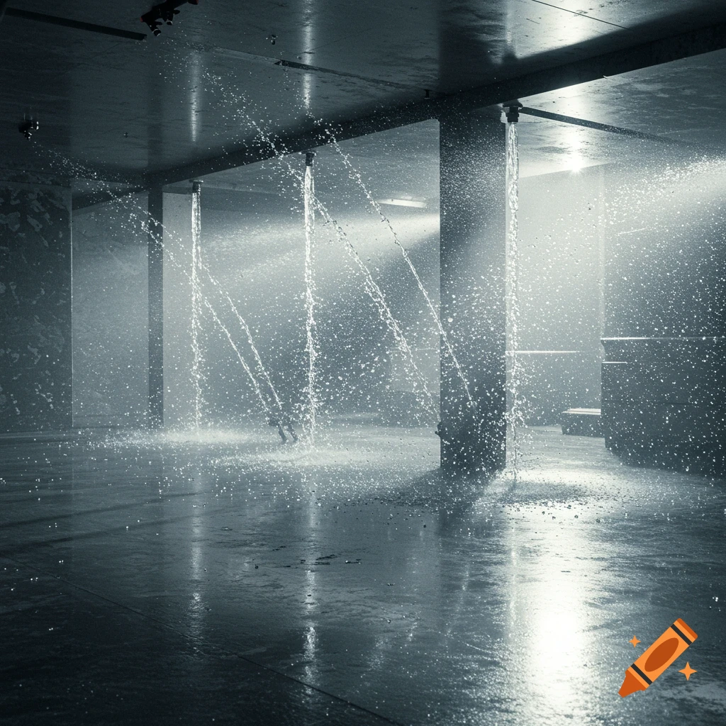 Water sprinklers spraying in a dark, concrete indoor space with reflections on the wet floor.
