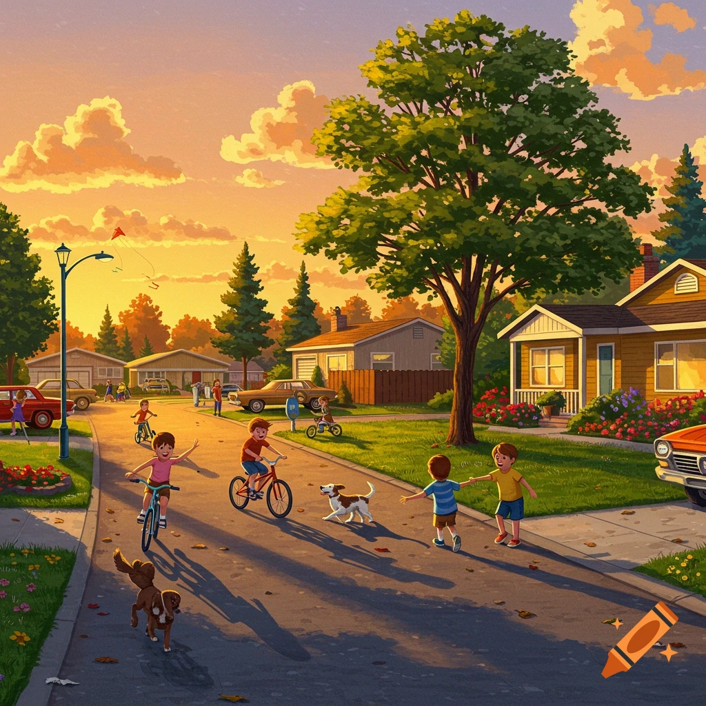 Illustration of kids playing with bikes and dogs on a suburban street at sunset.