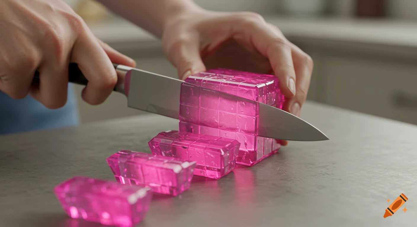 A person's hands use a knife to cut slices from a large pink translucent block on a counter.