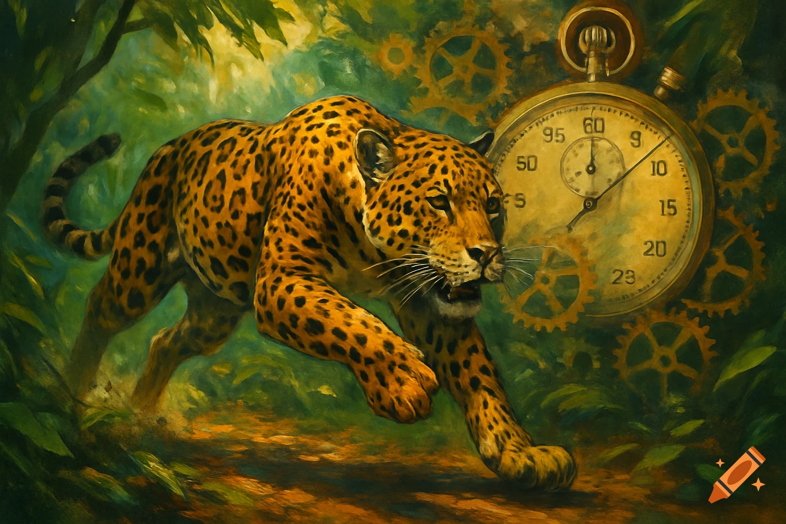 A majestic jaguar stalks through a vibrant jungle, with large golden clock gears and a pocket watch in the background, in a painterly style.