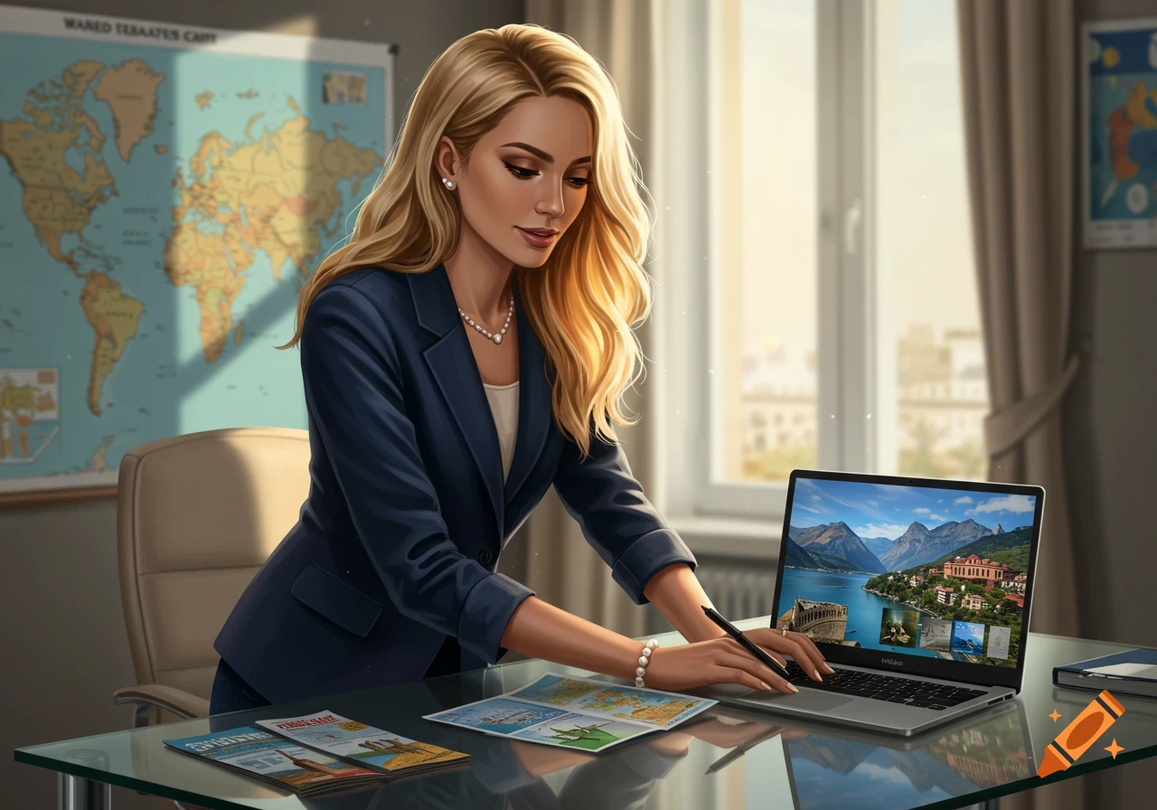 Blonde woman in a suit working as a travel agent at a desk with a laptop and world map. Digital art.