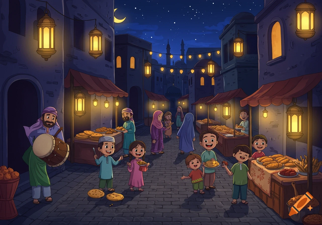 Cartoon illustration of a bustling night market scene with people, food stalls, and illuminated lanterns under a starry sky and crescent moon.