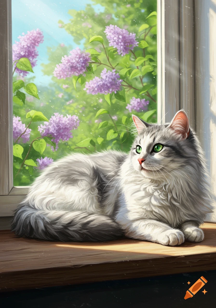 A fluffy white and grey cat with green eyes sits by a sunlit window with purple lilac flowers outside, illustration.