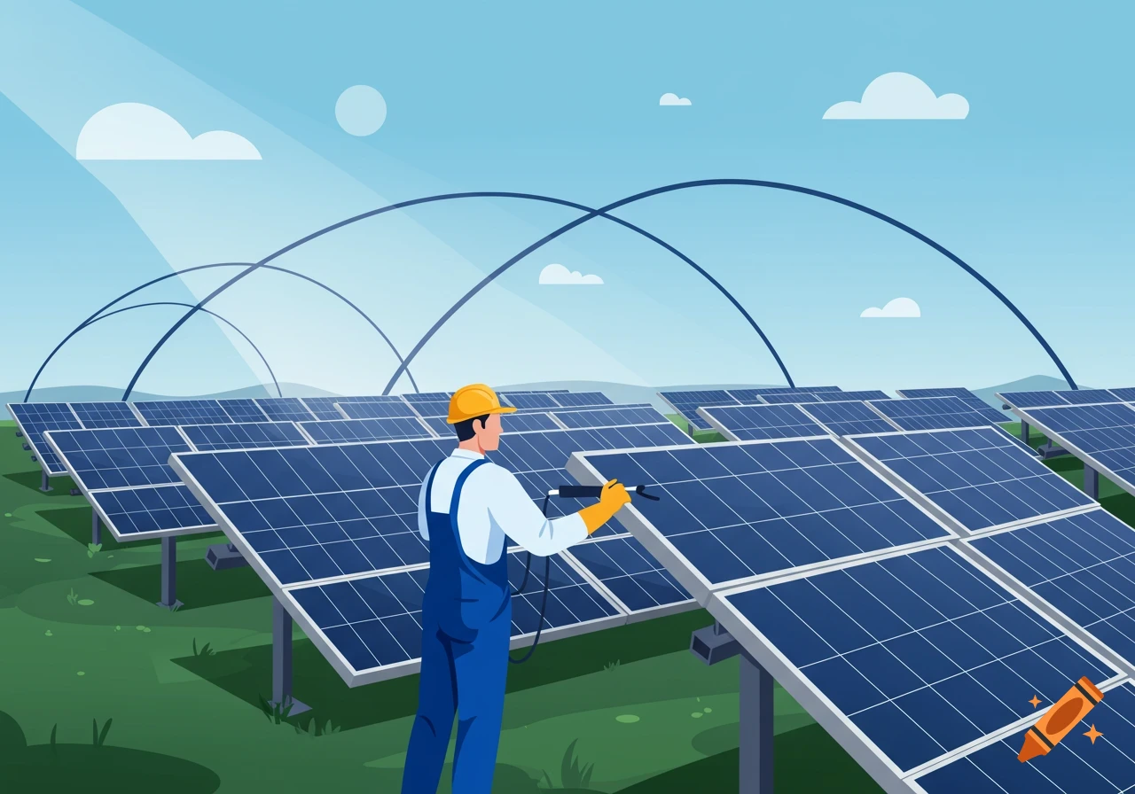 A flat modern illustration of a solar electrician cleaning solar panels in a large field under a blue sky.