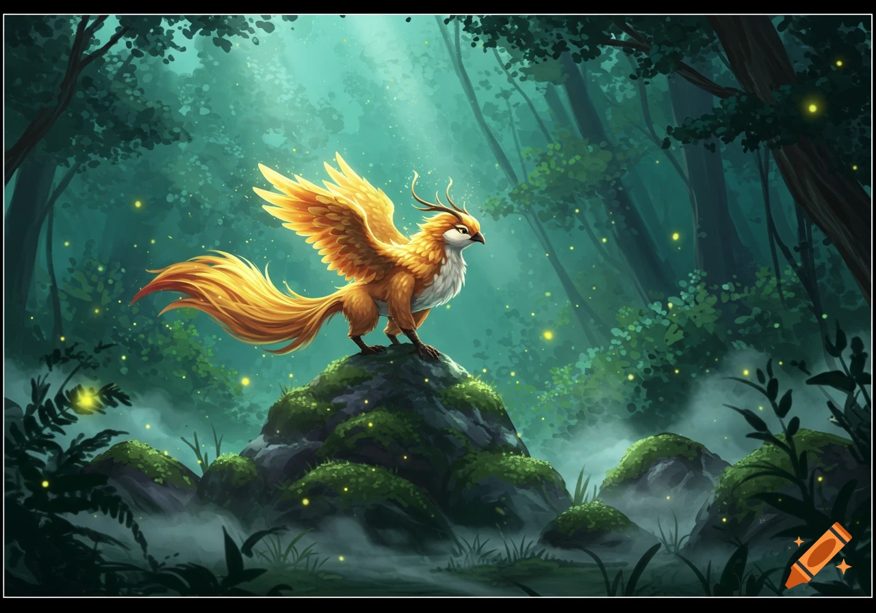 A majestic golden phoenix-like creature with large wings and a long tail stands on a mossy rock in a mystical, sun-dappled forest with glowing fireflies.