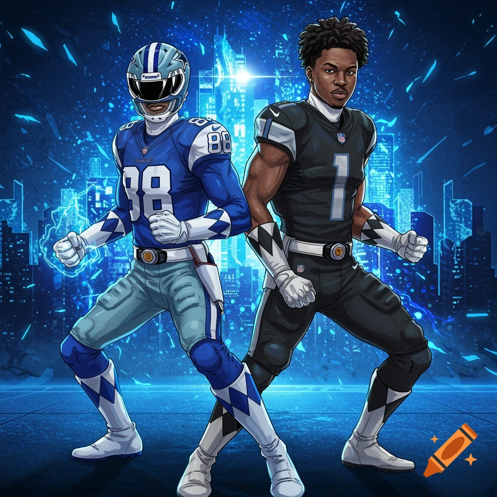 Anime-style illustration of two football players in Power Ranger suits. The left player wears blue and white with number 88, the right wears black and white with number 1, against a blue city backdrop.