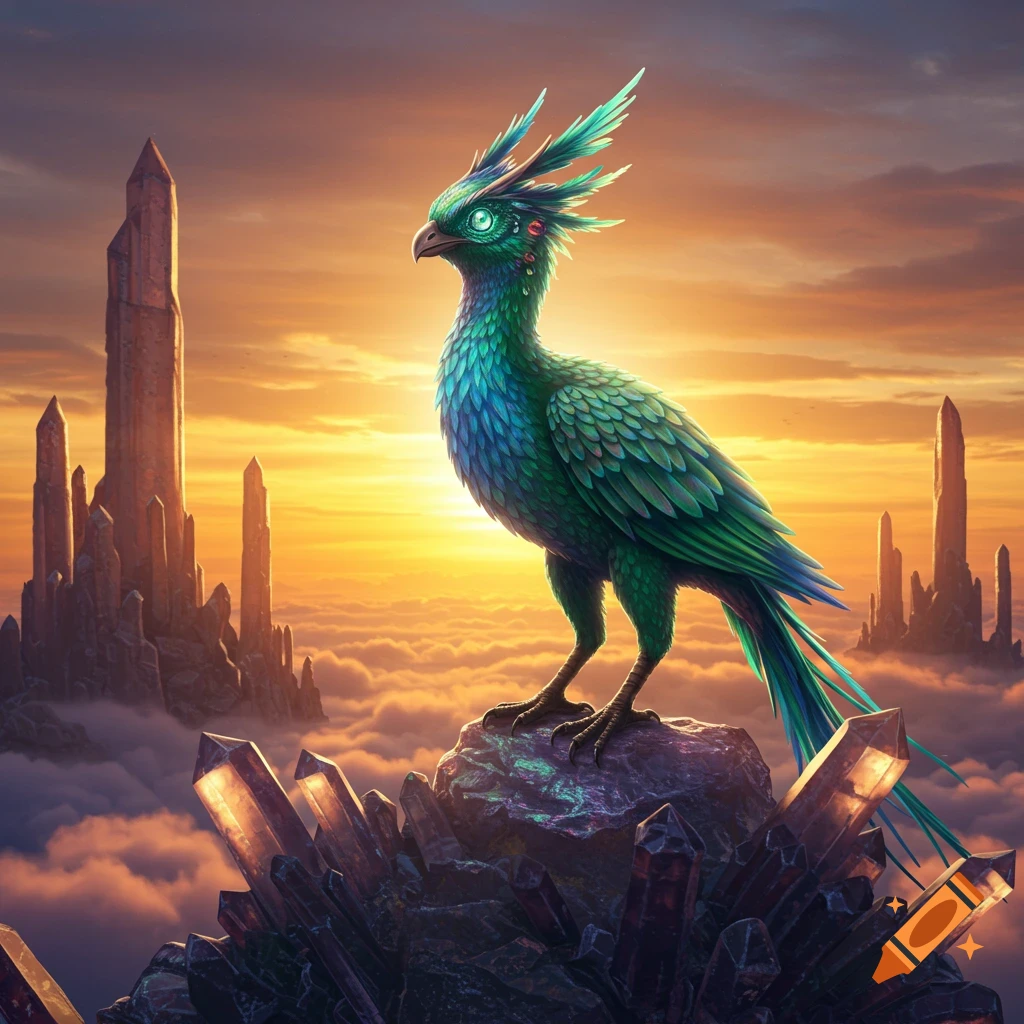 Vibrant turquoise fantasy bird with glowing eyes stands on a crystal rock above clouds at sunset, with towering formations. Digital art.