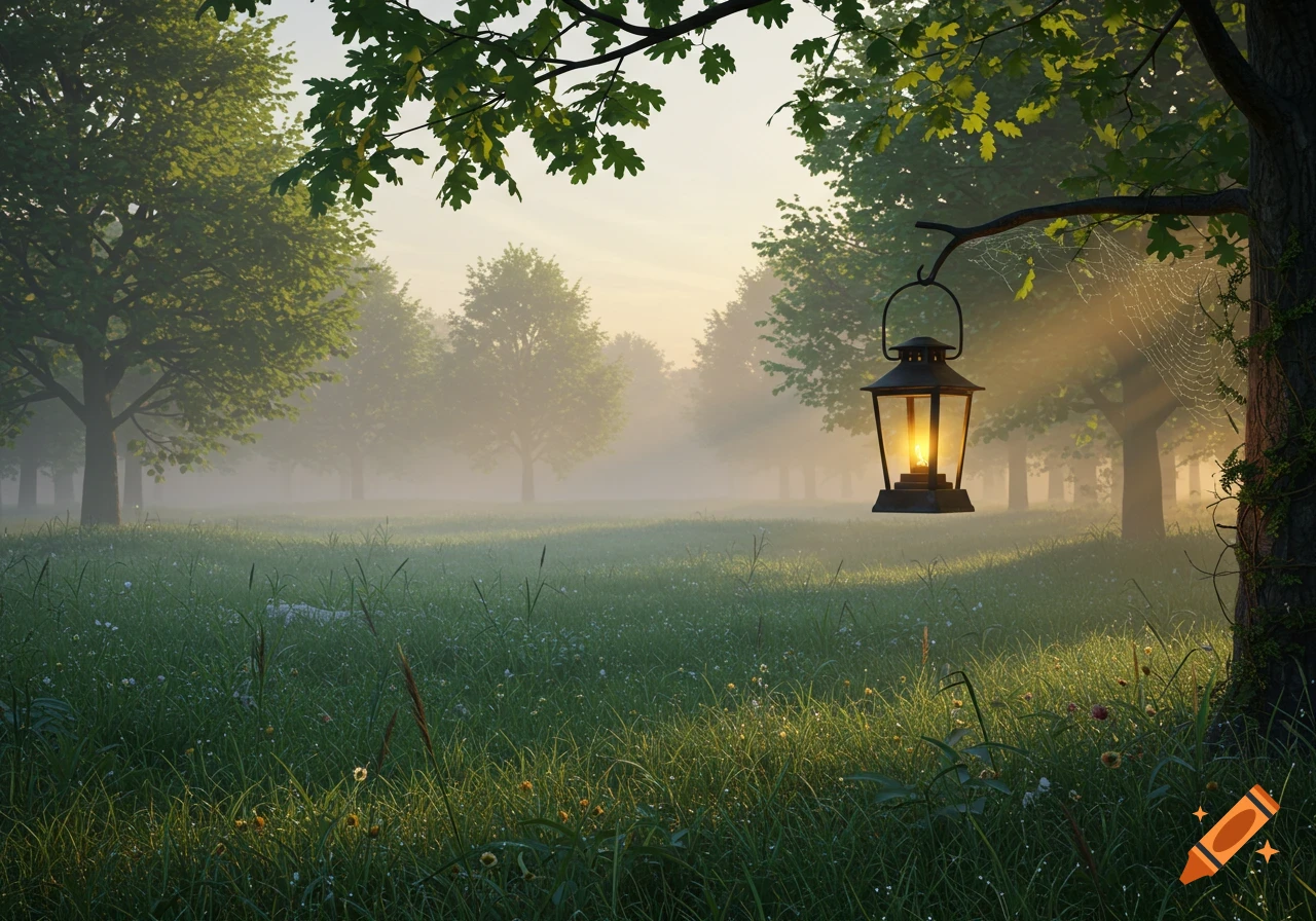 A glowing lantern hangs from a tree branch in a misty, sunlit forest with green grass and wildflowers.