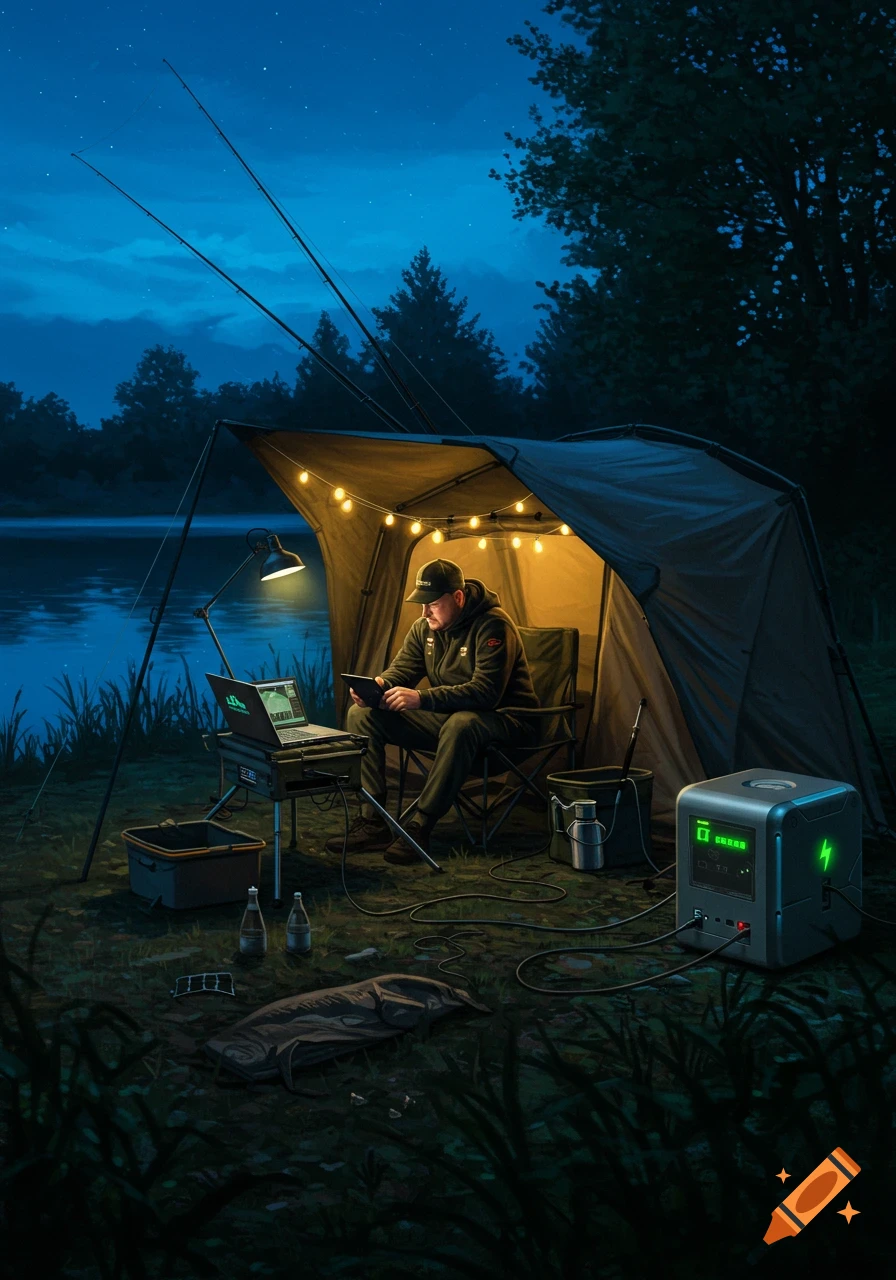 A man sits inside a lit tent by a lake at night, using a laptop and tablet, with fishing rods and a power station nearby.