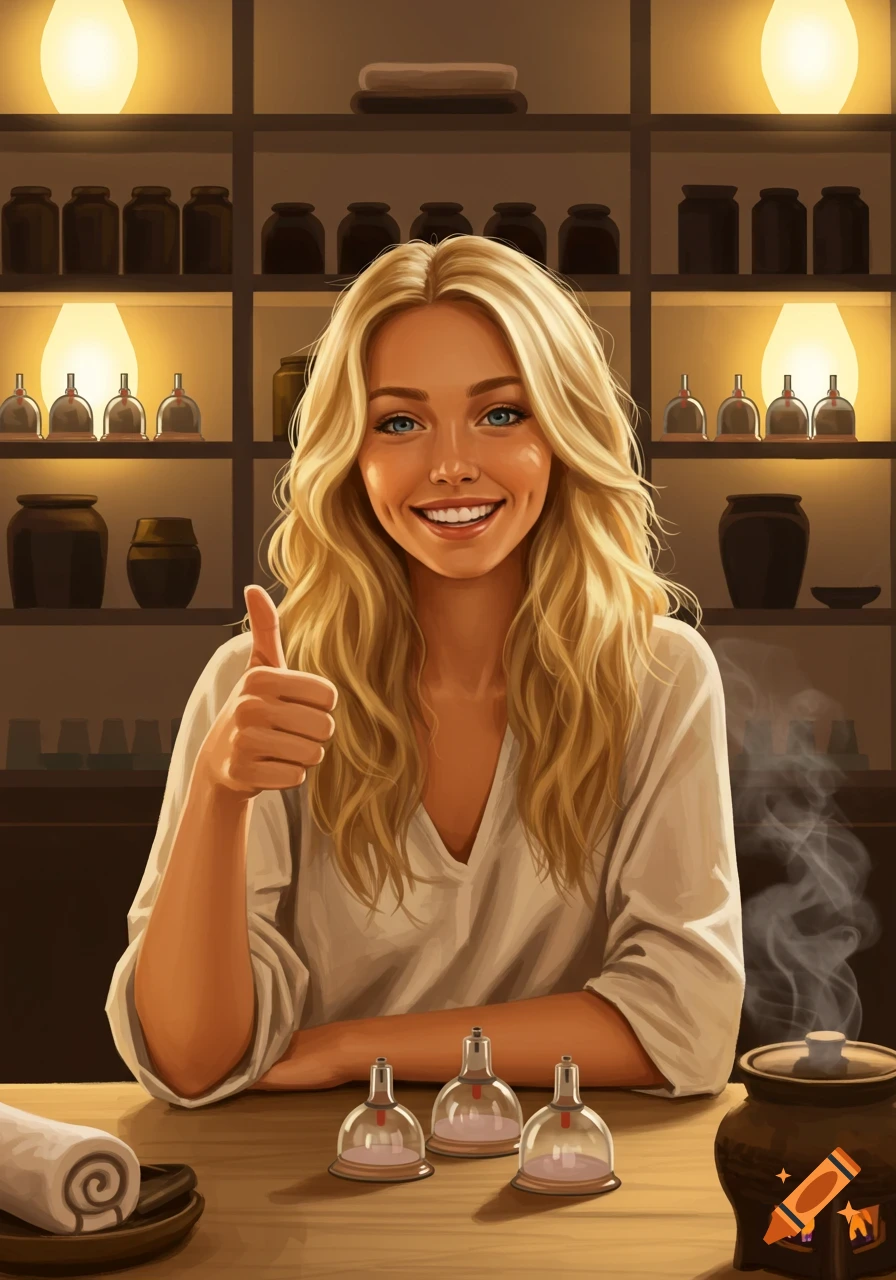 Illustrated smiling blonde woman giving a thumbs up in a cupping therapy clinic, with tools on the table.