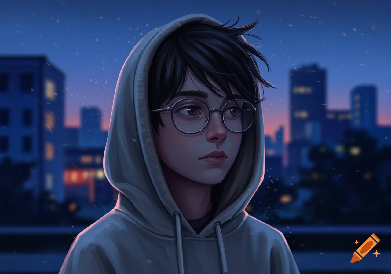An anime-style boy with black hair and round glasses wears a grey hoodie, looking pensive against a city skyline at dusk.