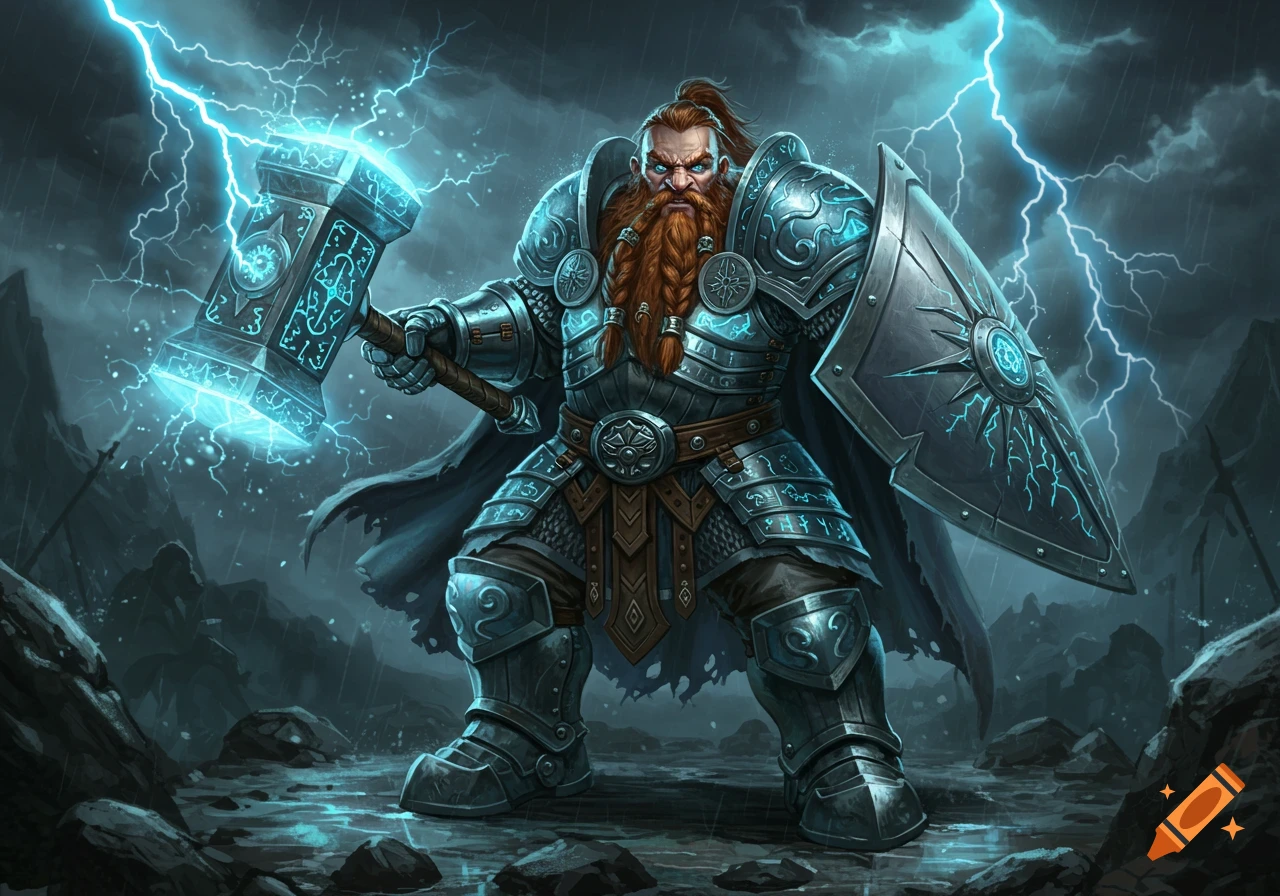 A heavily armored dwarf paladin wields a glowing warhammer and shield, crackling with blue lightning in a stormy, dark landscape.