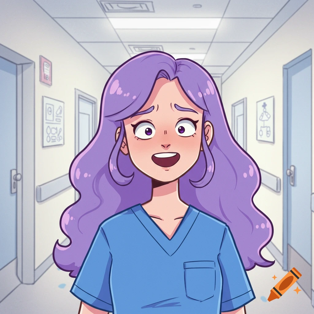 A nervous cartoon nurse with long purple hair and blue scrubs stands in a bright hospital hallway, looking worried.