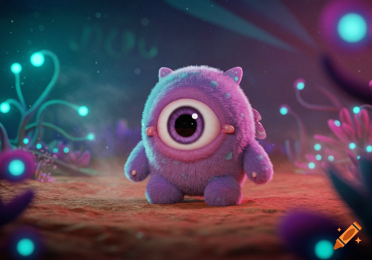 A cute, fluffy purple one-eyed monster with teal spots stands on a red alien planet with glowing teal and purple plants.