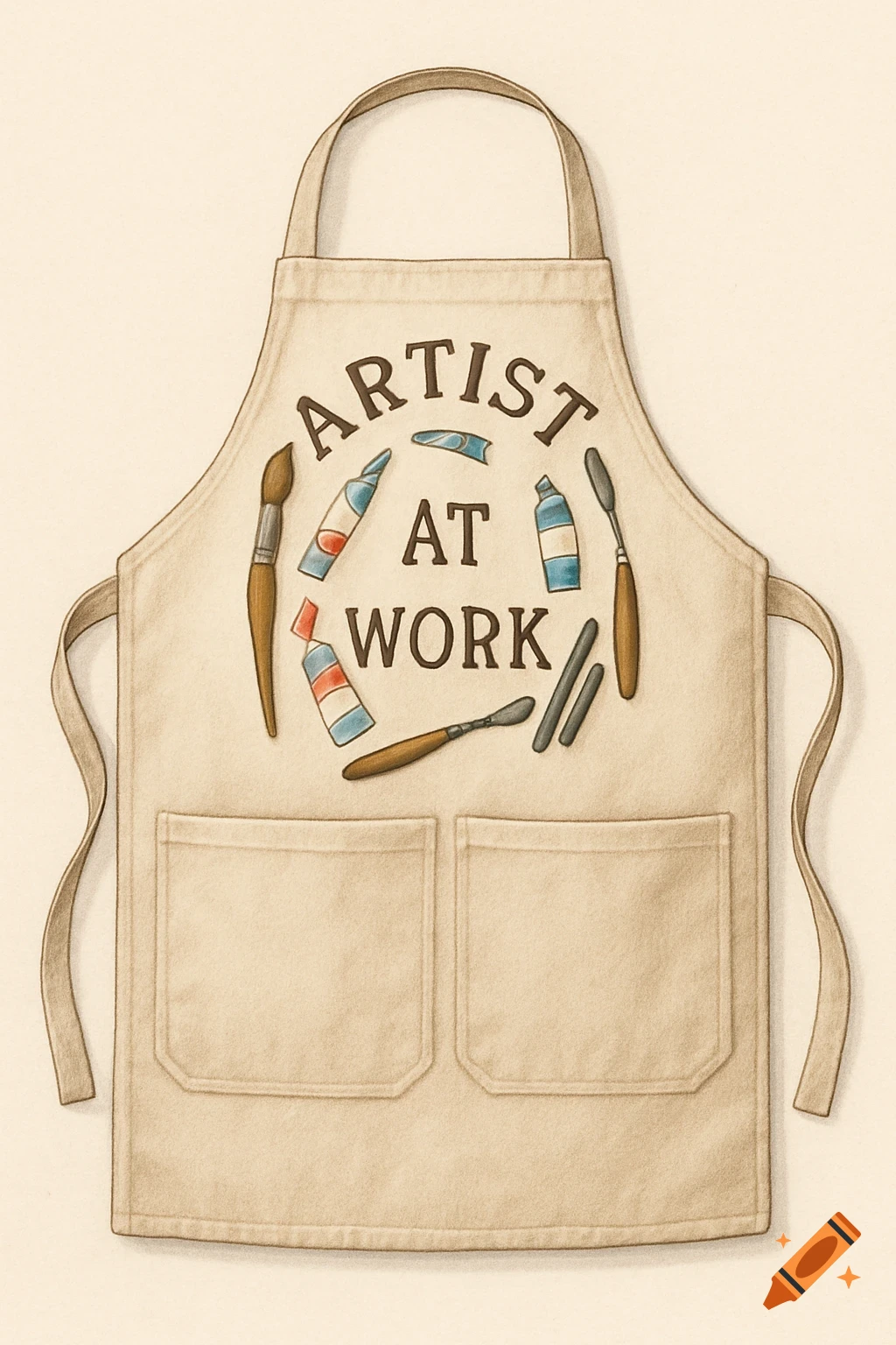 An illustrated beige apron with 'ARTIST AT WORK' text surrounded by paint tubes, brushes, and palette knives.