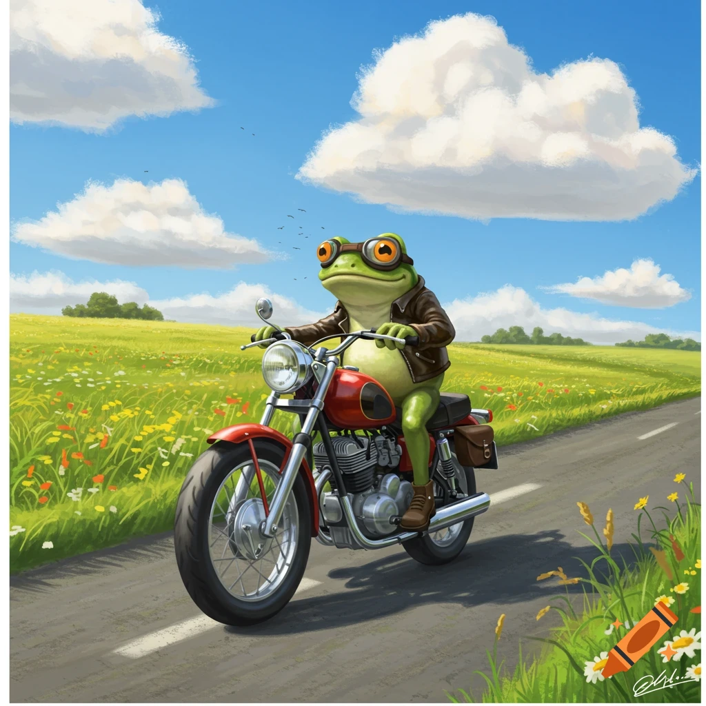 A frog in a leather jacket and goggles rides a red motorcycle down a road through a green field under a blue sky with clouds.