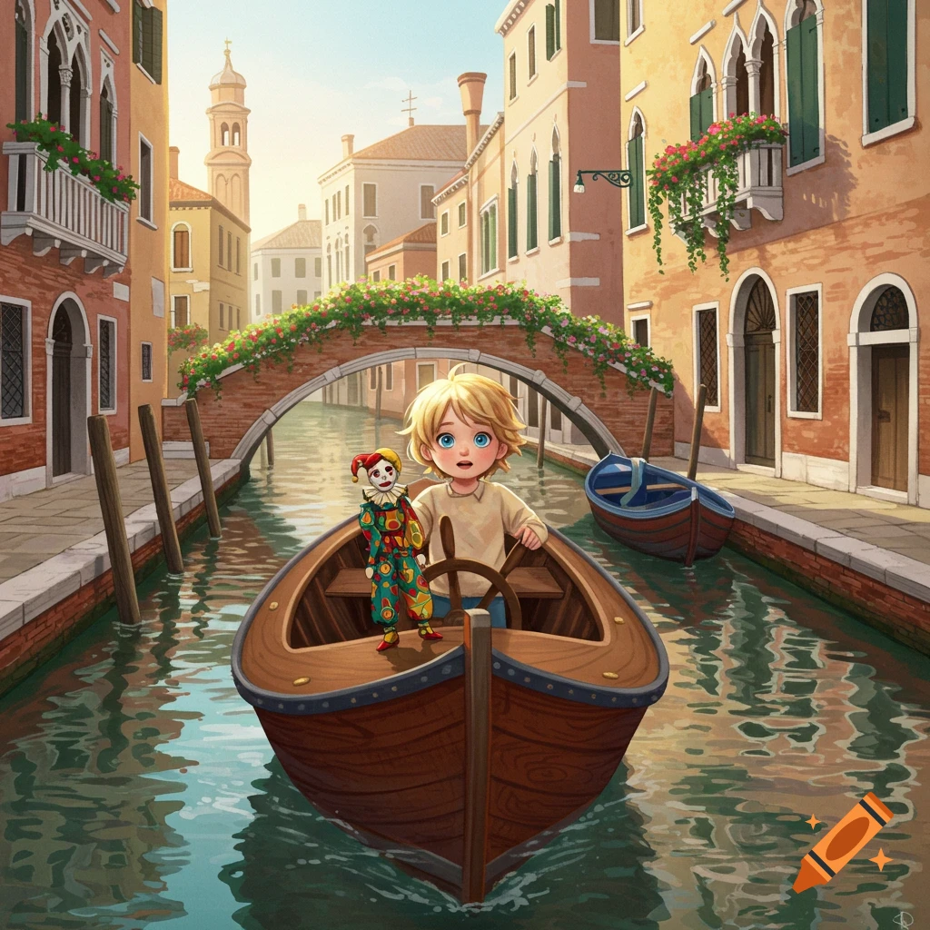 Illustrated blond child with a marionette doll in a wooden boat on a Venice canal, surrounded by colorful buildings and a floral bridge.