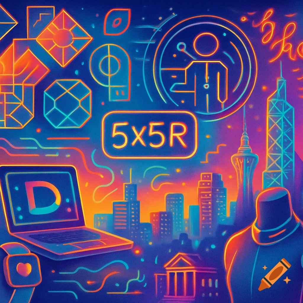 Vibrant neon line art cityscape with abstract tech symbols, a laptop showing 'D', a smartwatch, and the text '5x5R' in a box.