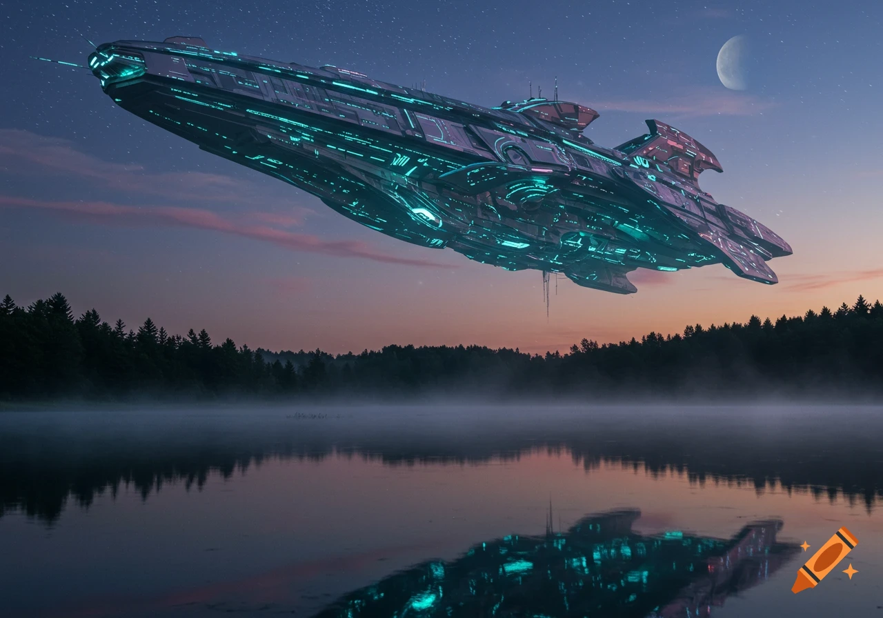 A large, futuristic spaceship with glowing turquoise accents hovers above a misty lake at dusk, with trees silhouetted and a crescent moon in the sky.