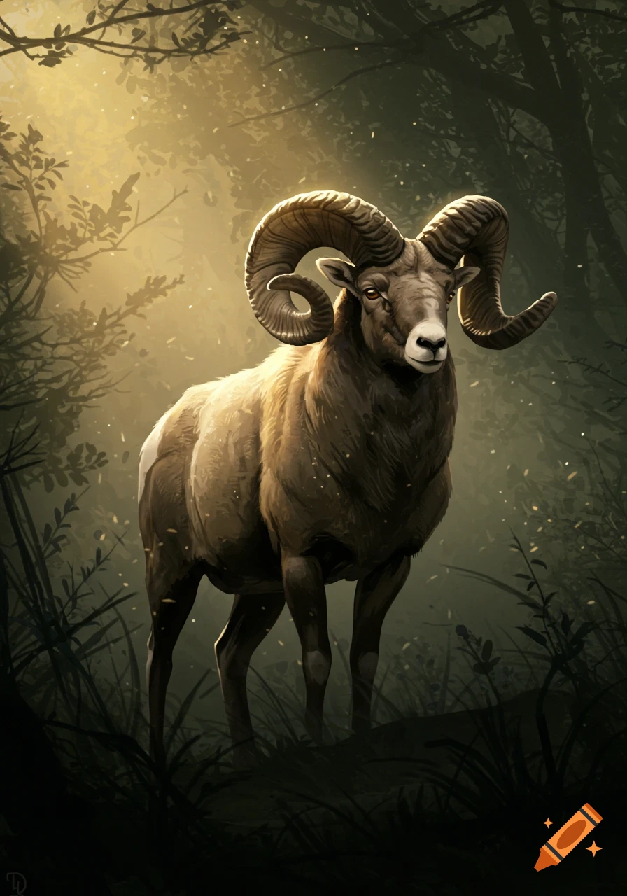 A majestically horned ram stands illuminated by golden light in a dense, dark forest thicket, in a digital painting style.