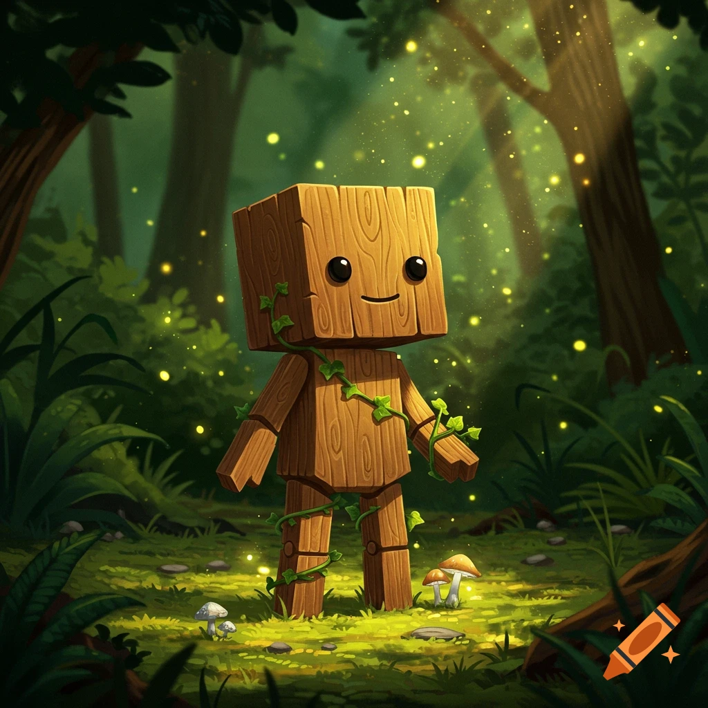 A cute, blocky wooden creature with beady eyes and a smile stands in a magical forest with glowing fireflies and mushrooms.