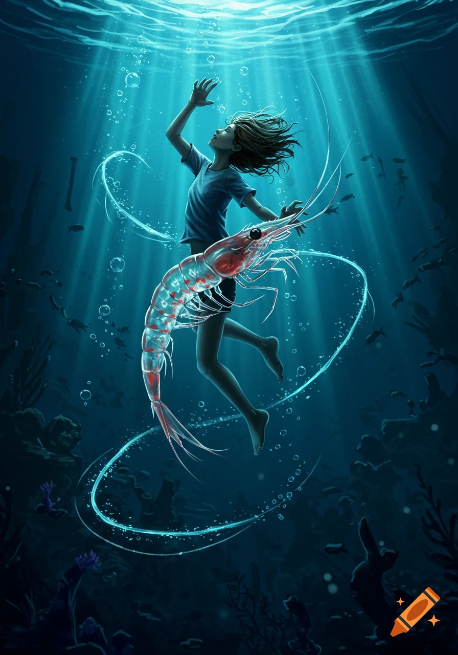A person in a blue shirt transforms into a translucent krill underwater, floating amidst sun rays and bubbles in a surreal fantasy style.