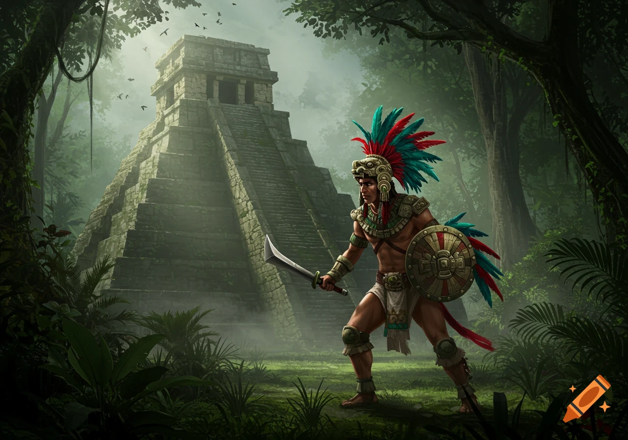 A Mayan warrior in feathered headdress, holding a sword and shield, stands in a misty jungle with an ancient stone temple.