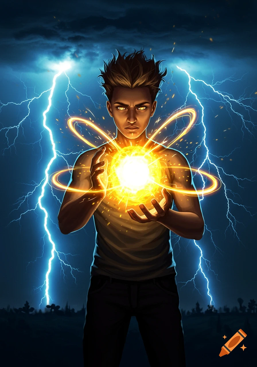 A powerful young person with glowing eyes holds a luminous energy ball, surrounded by golden rings, with blue lightning in a dark, stormy sky. Illustrated.