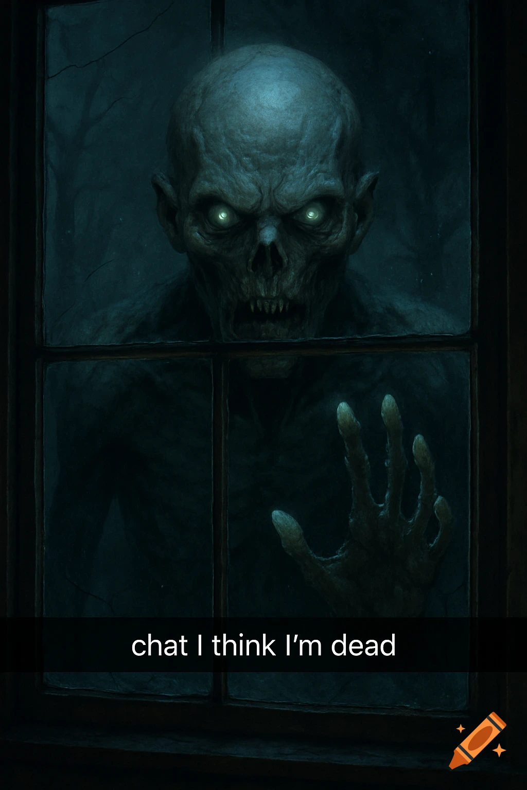 A creepy, bald, zombie-like monster with glowing eyes peers through a dark window, pressing one hand against the glass. The image has a Snapchat overlay saying "chat I think I'm dead".