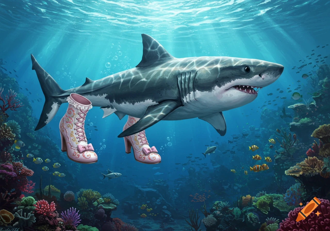 A whimsical illustration of a great white shark wearing pink lace-up high heel boots, swimming through a vibrant coral reef.