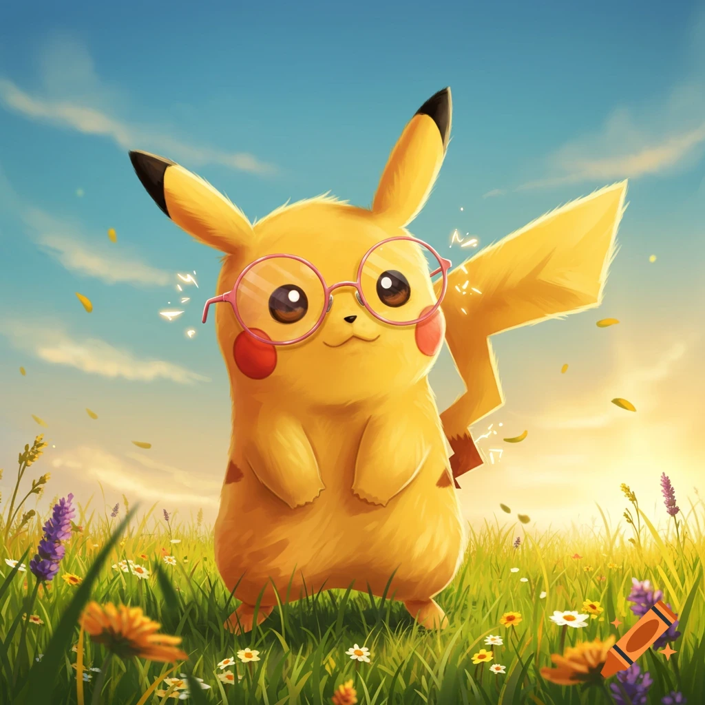 A cute Pikachu wearing light pink circular glasses stands in a vibrant green field with purple and orange flowers under a bright blue sky.