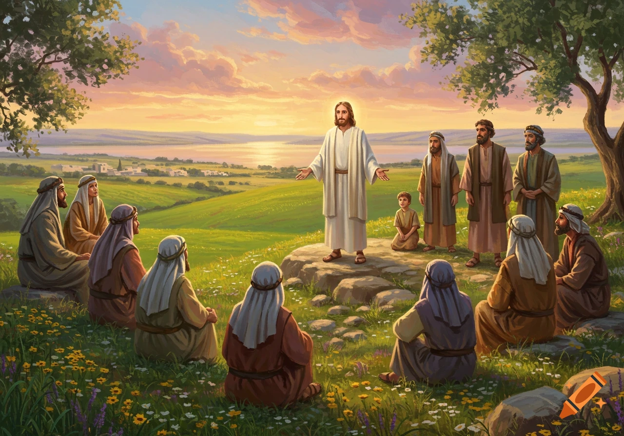 Jesus stands on a rock, speaking to a group of men and a boy seated in a grassy field with wildflowers. A lake and sunset fill the background, rendered in an illustrative style.
