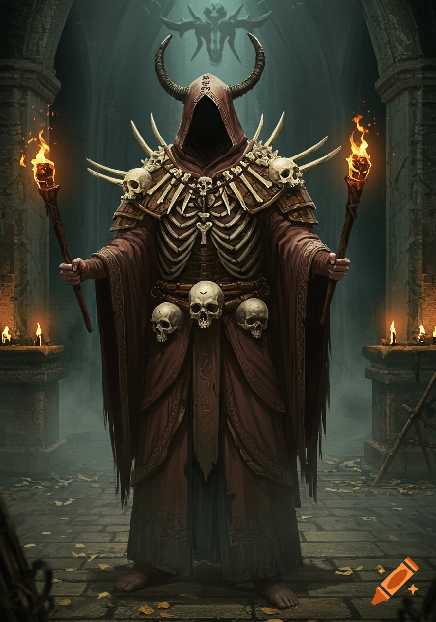 A hooded cultist in a dark, bone-adorned robe with horns, holding two torches in a dim, ominous temple. A horned creature looms in the background.