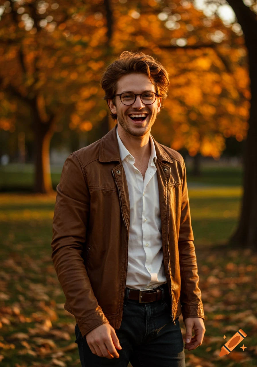 A photorealistic portrait of a smiling man with glasses, wearing a brown leather jacket and white shirt, in an autumn park with golden leaves.