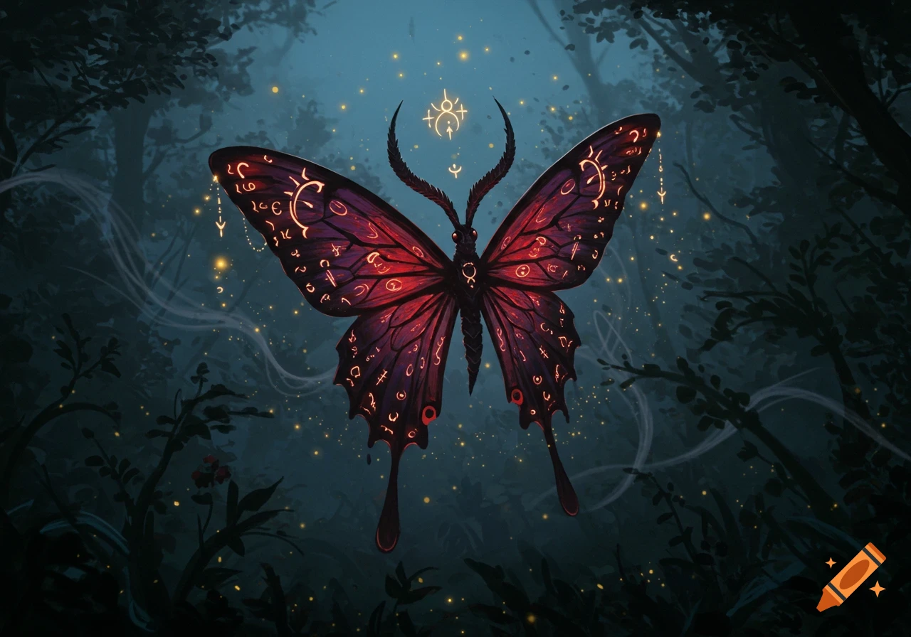 A dark fantasy image of a large, glowing red and purple butterfly with intricate, golden sigil-like markings on its wings and antennae, set against a dark, misty forest background with sparkling lights.