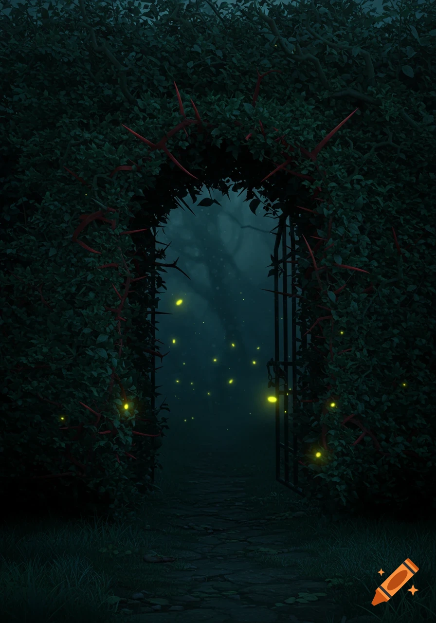 Dark arched entry in a thorny hedge with an open gate, leading to a misty forest path with glowing fireflies.