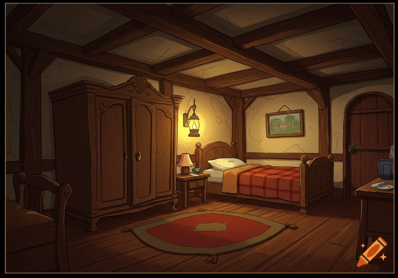 A cartoon German cottage-style bedroom interior with rustic timber beams, an antique wardrobe, a bed with a plaid bedspread, and eerie warm lighting.